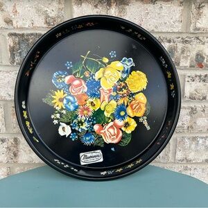 Vintage Masonware Floral Metal Tray – 14” Round Black Retro Barware